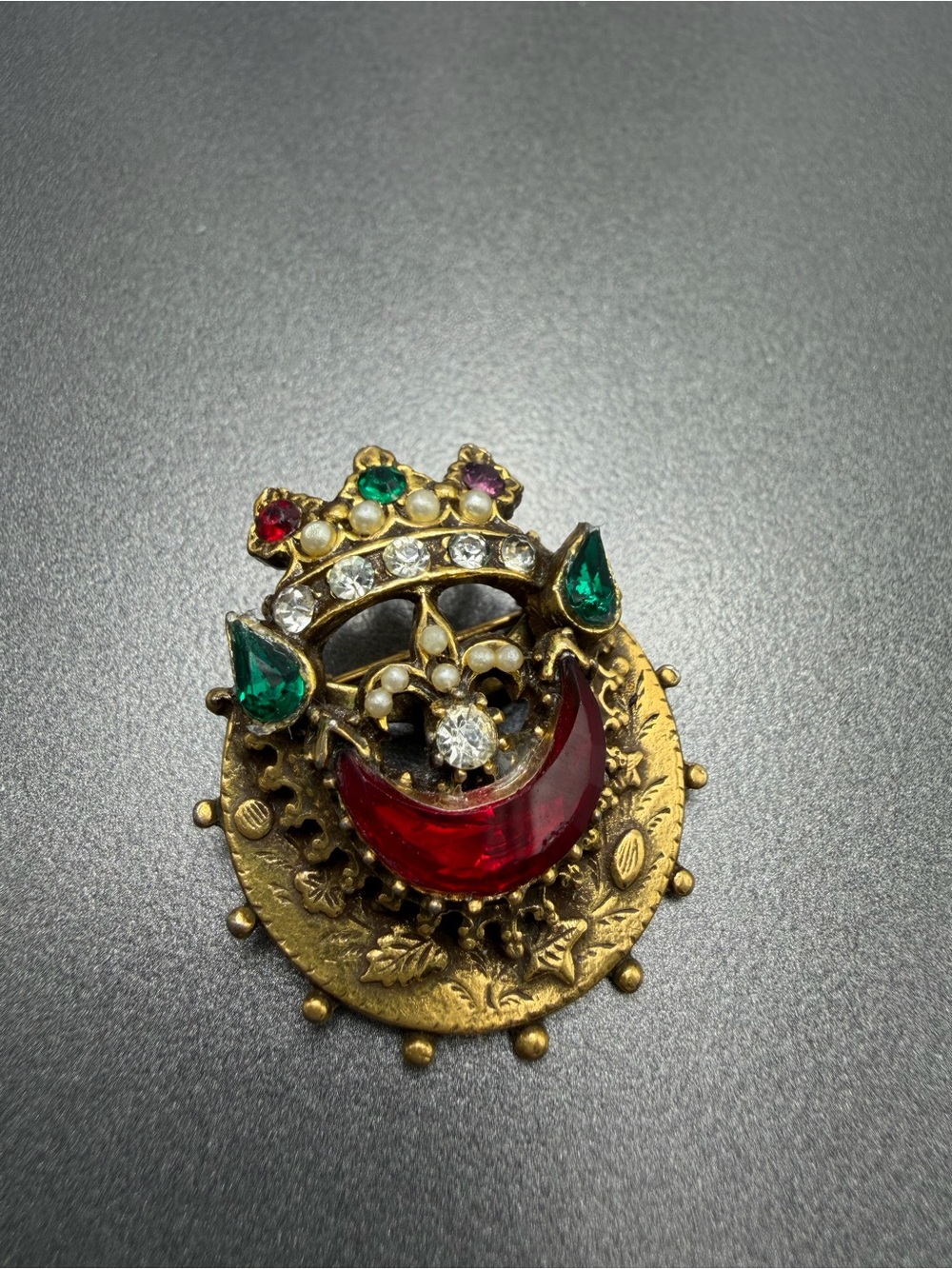 Vintage Crown Gold and Red Brooch with seed Pearls Fleur de lis #33SB